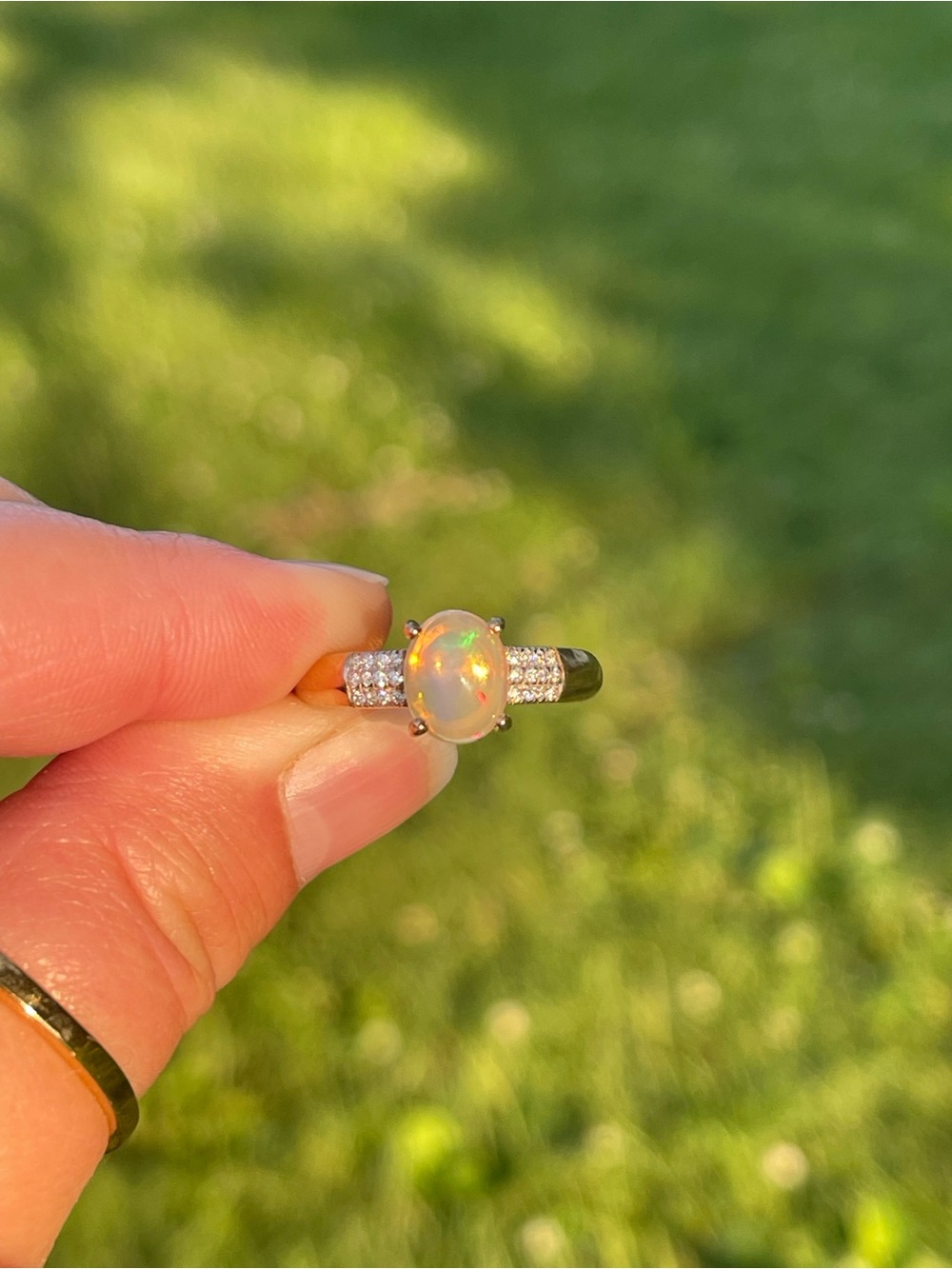 Ethiopian Welo Opal and Moissanite Ring